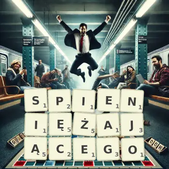 Kreatywna ilustracja do gry w Scrabble ze słowem SPIENIĘŻAJĄCEGO ułożonym z płytek na planszy.