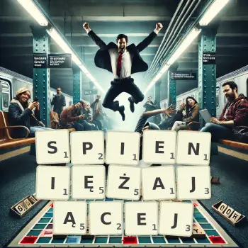 Kreatywna ilustracja do gry w Scrabble ze słowem SPIENIĘŻAJĄCEJ ułożonym z płytek na planszy.