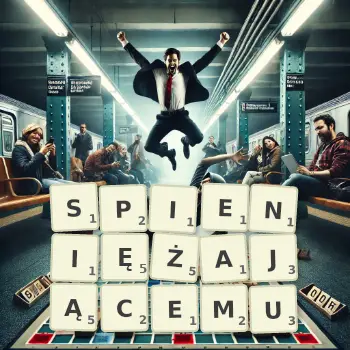 Kreatywna ilustracja do gry w Scrabble ze słowem SPIENIĘŻAJĄCEMU ułożonym z płytek na planszy.