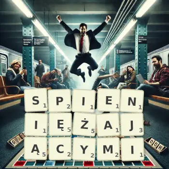 Kreatywna ilustracja do gry w Scrabble ze słowem SPIENIĘŻAJĄCYMI ułożonym z płytek na planszy.