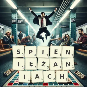 Kreatywna ilustracja do gry w Scrabble ze słowem SPIENIĘŻANIACH ułożonym z płytek na planszy.