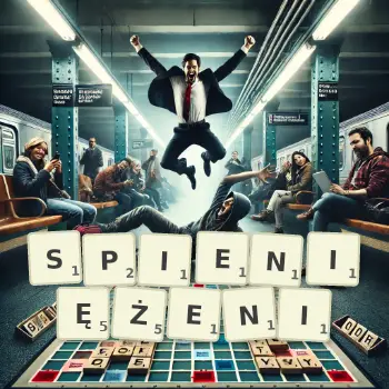 Kreatywna ilustracja do gry w Scrabble ze słowem SPIENIĘŻENI ułożonym z płytek na planszy.