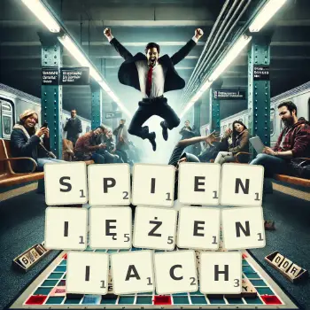 Kreatywna ilustracja do gry w Scrabble ze słowem SPIENIĘŻENIACH ułożonym z płytek na planszy.