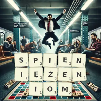 Kreatywna ilustracja do gry w Scrabble ze słowem SPIENIĘŻENIOM ułożonym z płytek na planszy.