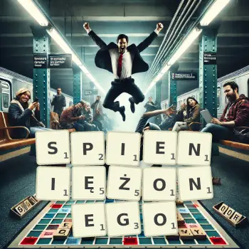 Kreatywna ilustracja do gry w Scrabble ze słowem SPIENIĘŻONEGO ułożonym z płytek na planszy.
