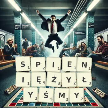 Kreatywna ilustracja do gry w Scrabble ze słowem SPIENIĘŻYŁYŚMY ułożonym z płytek na planszy.