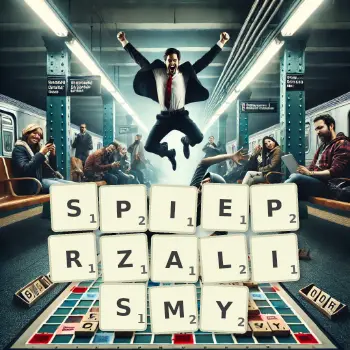 Kreatywna ilustracja do gry w Scrabble ze słowem SPIEPRZALISMY ułożonym z płytek na planszy.