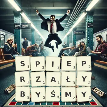 Kreatywna ilustracja do gry w Scrabble ze słowem SPIEPRZAŁYBYŚMY ułożonym z płytek na planszy.