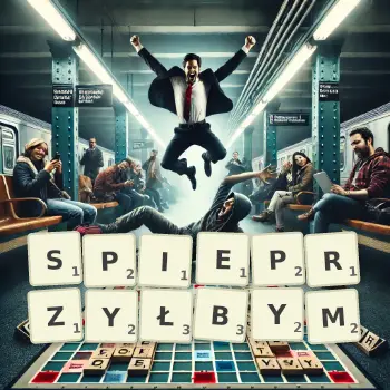 Kreatywna ilustracja do gry w Scrabble ze słowem SPIEPRZYŁBYM ułożonym z płytek na planszy.