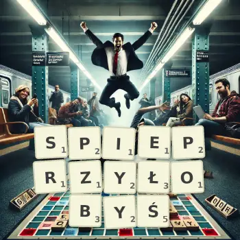 Kreatywna ilustracja do gry w Scrabble ze słowem SPIEPRZYŁOBYŚ ułożonym z płytek na planszy.