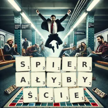 Kreatywna ilustracja do gry w Scrabble ze słowem SPIERAŁYBYŚCIE ułożonym z płytek na planszy.