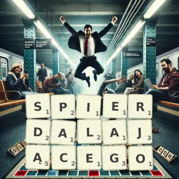 Kreatywna ilustracja do gry w Scrabble ze słowem SPIERDALAJĄCEGO ułożonym z płytek na planszy.