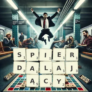 Kreatywna ilustracja do gry w Scrabble ze słowem SPIERDALAJĄCY ułożonym z płytek na planszy.