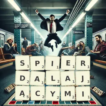 Kreatywna ilustracja do gry w Scrabble ze słowem SPIERDALAJĄCYMI ułożonym z płytek na planszy.