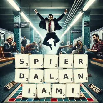 Kreatywna ilustracja do gry w Scrabble ze słowem SPIERDALANIAMI ułożonym z płytek na planszy.