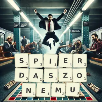 Kreatywna ilustracja do gry w Scrabble ze słowem SPIERDASZONEMU ułożonym z płytek na planszy.