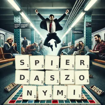 Kreatywna ilustracja do gry w Scrabble ze słowem SPIERDASZONYMI ułożonym z płytek na planszy.