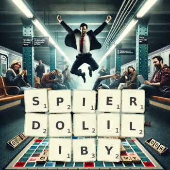 Kreatywna ilustracja do gry w Scrabble ze słowem SPIERDOLILIBY ułożonym z płytek na planszy.