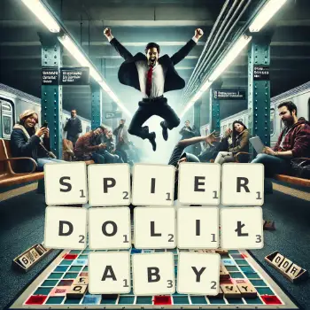 Kreatywna ilustracja do gry w Scrabble ze słowem SPIERDOLIŁABY ułożonym z płytek na planszy.