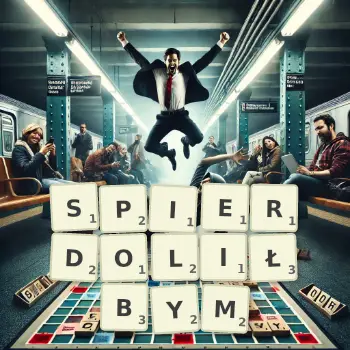 Kreatywna ilustracja do gry w Scrabble ze słowem SPIERDOLIŁBYM ułożonym z płytek na planszy.
