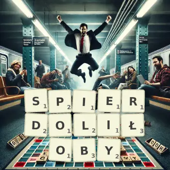 Kreatywna ilustracja do gry w Scrabble ze słowem SPIERDOLIŁOBY ułożonym z płytek na planszy.
