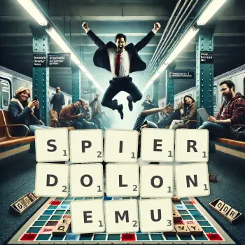 Kreatywna ilustracja do gry w Scrabble ze słowem SPIERDOLONEMU ułożonym z płytek na planszy.