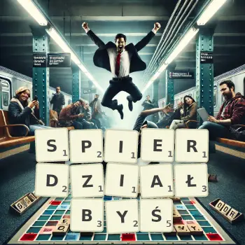 Kreatywna ilustracja do gry w Scrabble ze słowem SPIERDZIAŁBYŚ ułożonym z płytek na planszy.