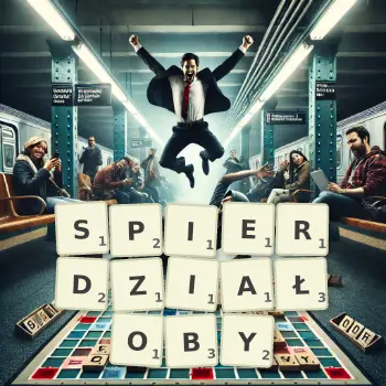 Kreatywna ilustracja do gry w Scrabble ze słowem SPIERDZIAŁOBY ułożonym z płytek na planszy.