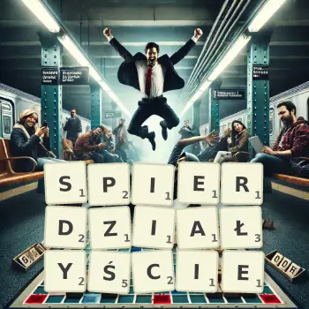 Kreatywna ilustracja do gry w Scrabble ze słowem SPIERDZIAŁYŚCIE ułożonym z płytek na planszy.