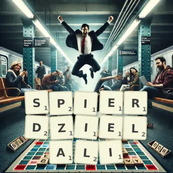 Kreatywna ilustracja do gry w Scrabble ze słowem SPIERDZIELALI ułożonym z płytek na planszy.