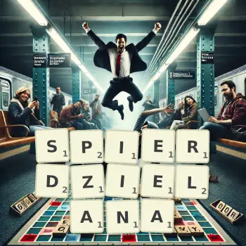 Kreatywna ilustracja do gry w Scrabble ze słowem SPIERDZIELANA ułożonym z płytek na planszy.