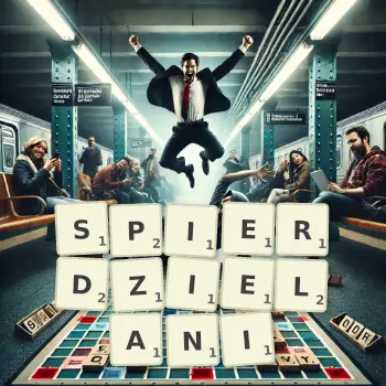 Kreatywna ilustracja do gry w Scrabble ze słowem SPIERDZIELANI ułożonym z płytek na planszy.