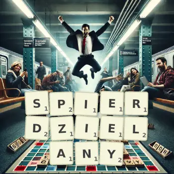 Kreatywna ilustracja do gry w Scrabble ze słowem SPIERDZIELANY ułożonym z płytek na planszy.