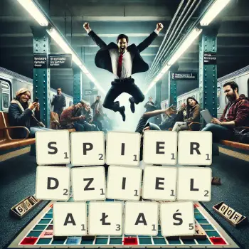 Kreatywna ilustracja do gry w Scrabble ze słowem SPIERDZIELAŁAŚ ułożonym z płytek na planszy.
