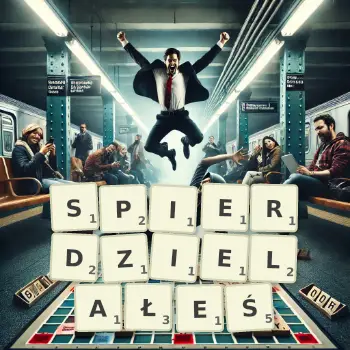 Kreatywna ilustracja do gry w Scrabble ze słowem SPIERDZIELAŁEŚ ułożonym z płytek na planszy.