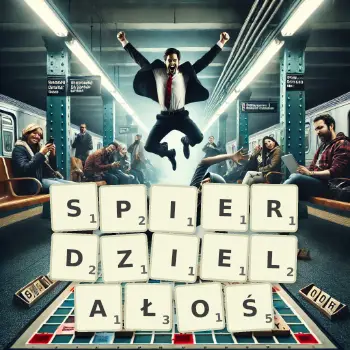 Kreatywna ilustracja do gry w Scrabble ze słowem SPIERDZIELAŁOŚ ułożonym z płytek na planszy.