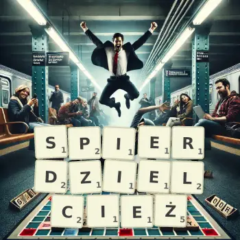 Kreatywna ilustracja do gry w Scrabble ze słowem SPIERDZIELCIEŻ ułożonym z płytek na planszy.