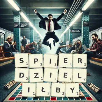 Kreatywna ilustracja do gry w Scrabble ze słowem SPIERDZIELIŁBY ułożonym z płytek na planszy.