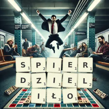 Kreatywna ilustracja do gry w Scrabble ze słowem SPIERDZIELIŁO ułożonym z płytek na planszy.