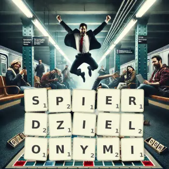 Kreatywna ilustracja do gry w Scrabble ze słowem SPIERDZIELONYMI ułożonym z płytek na planszy.