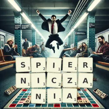 Kreatywna ilustracja do gry w Scrabble ze słowem SPIERNICZANIA ułożonym z płytek na planszy.