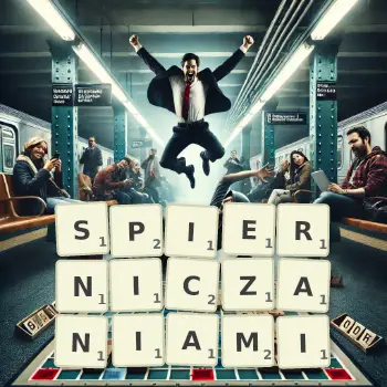 Kreatywna ilustracja do gry w Scrabble ze słowem SPIERNICZANIAMI ułożonym z płytek na planszy.