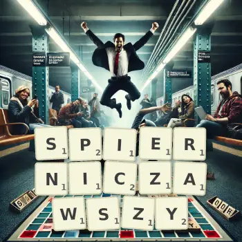 Kreatywna ilustracja do gry w Scrabble ze słowem SPIERNICZAWSZY ułożonym z płytek na planszy.