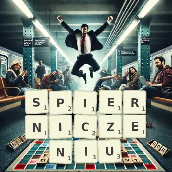 Kreatywna ilustracja do gry w Scrabble ze słowem SPIERNICZENIU ułożonym z płytek na planszy.