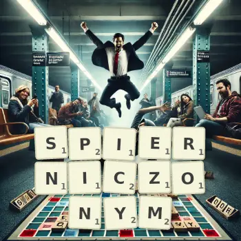 Kreatywna ilustracja do gry w Scrabble ze słowem SPIERNICZONYM ułożonym z płytek na planszy.