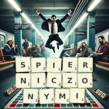 Kreatywna ilustracja do gry w Scrabble ze słowem SPIERNICZONYMI ułożonym z płytek na planszy.