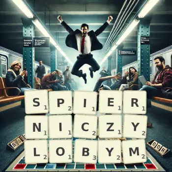 Kreatywna ilustracja do gry w Scrabble ze słowem SPIERNICZYLOBYM ułożonym z płytek na planszy.