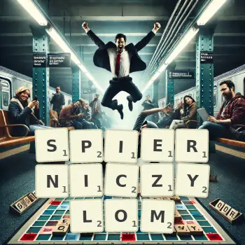 Kreatywna ilustracja do gry w Scrabble ze słowem SPIERNICZYLOM ułożonym z płytek na planszy.
