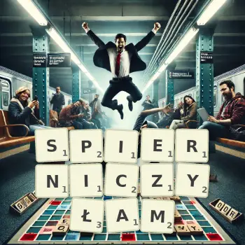 Kreatywna ilustracja do gry w Scrabble ze słowem SPIERNICZYŁAM ułożonym z płytek na planszy.