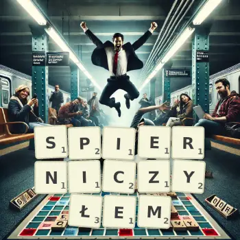 Kreatywna ilustracja do gry w Scrabble ze słowem SPIERNICZYŁEM ułożonym z płytek na planszy.